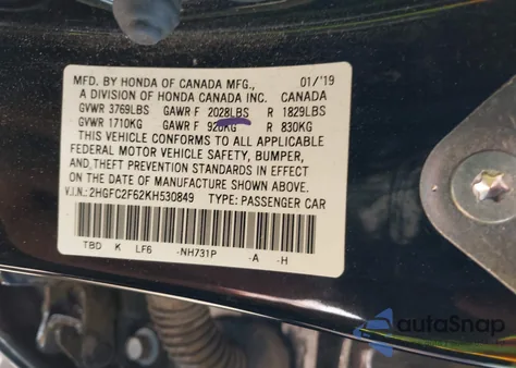 2019 Honda Civic Lx из США, поврежденный, VIN 2HGFC2F62KH530849